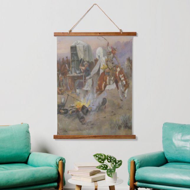 Charles M Russell - Bronc im Kuh Camp Doormat Wandteppich Mit Holzrahmen (Wohnzimmer)