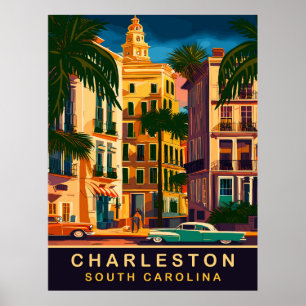 Charleston Downtown, SC, Vintage Reise Poster