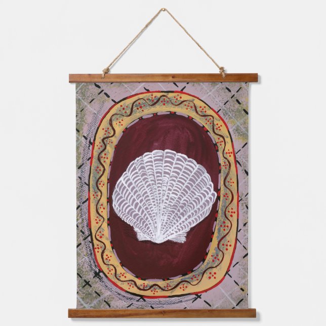 Charleston Farmhouse Muschel Print Wall Hanging Wandteppich Mit Holzrahmen (Vorderseite)