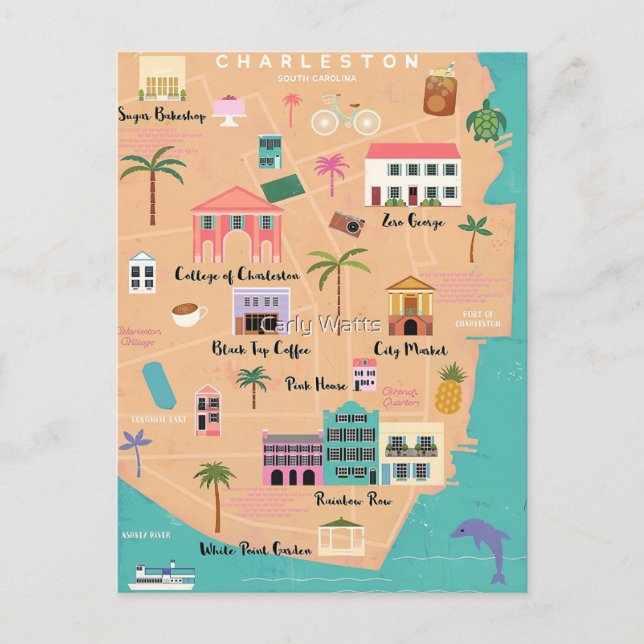 Charleston Illustriert Map Postkarte (Vorderseite)