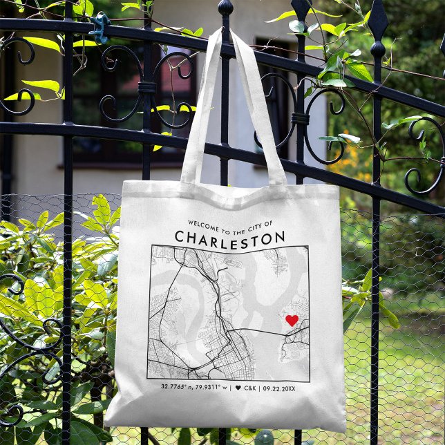 Charleston Liebe Locator | City Map Wedding Welcom Tragetasche (The more complete visual of what your final Charleston Map tote bag would look like in real life.)