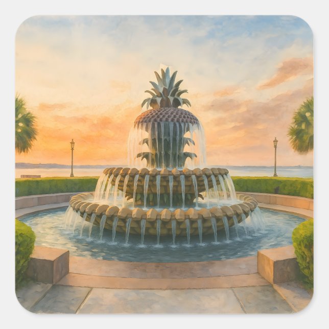 Charleston Pineappbrunnen Wasserfarbe Sonnenunterg Quadratischer Aufkleber (Vorderseite)