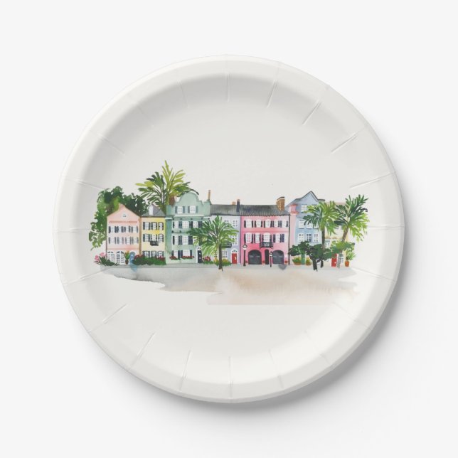 Charleston Rainbow Row Aquarell Pappteller (Vorderseite)