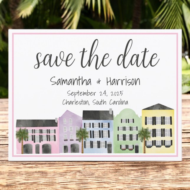 Charleston Save the Date Rainbow Row Wedding Postkarte (Von Creator hochgeladen)