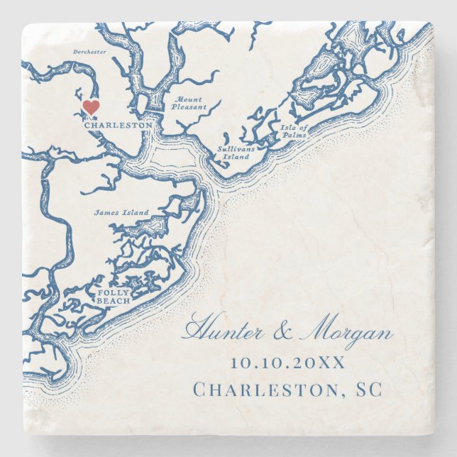 Charleston SC Karte Elegant Navy Blue Gastgeschenk Steinuntersetzer (Vorderseite)