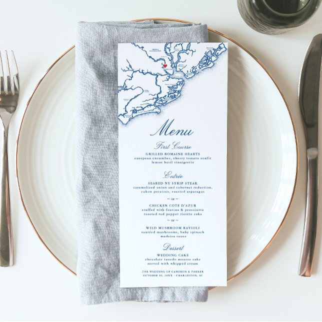 Charleston SC Karte Elegant Navy Blue Wedding (Charleston South Carolina Wedding Menu in elegant navy blue from Coastal Map Designs)