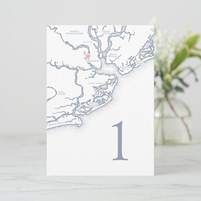 Charleston SC Map Wedding Tischnummer Cards (Stehend Vorderseite)