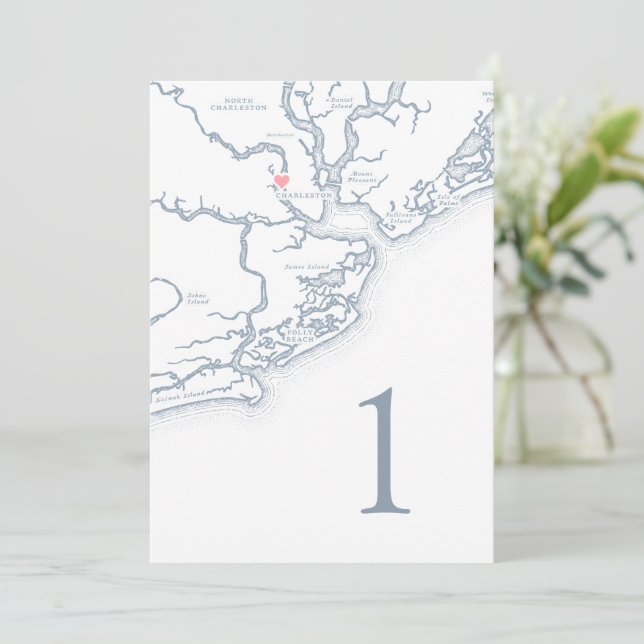 Charleston SC Map Wedding Tischnummer Cards (Stehend Vorderseite)
