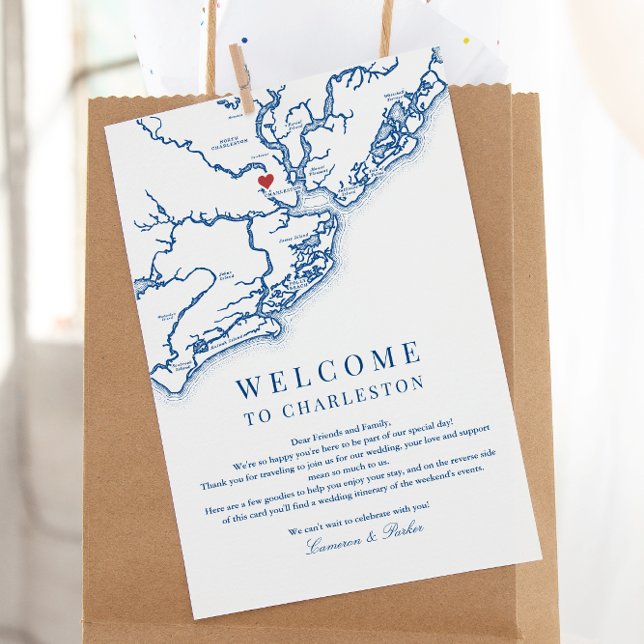 Charleston SC Wedding Welcome Itinerary Navy Blue Dankeskarte (Charleston SC Wedding Weekend Itinerary Schedule of events in Elegant navy blue )