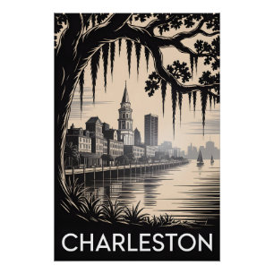 Charleston South Carolina Schwarz Weiß Holzschnitt Poster