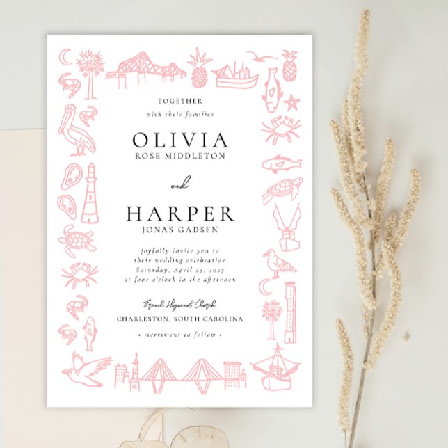 Charleston Toile Border in Pink Wedding Einladung (Rose Pink Charleston Toile wedding invitation by Erika Firm for Zazzle)