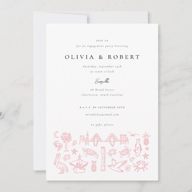 Charleston Toile Border of Pink Engagement Party Einladung (Vorderseite)