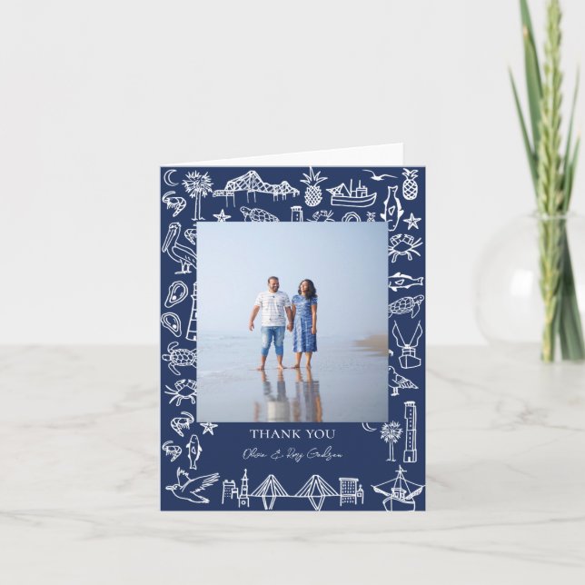 Charleston Toile Navy Blue Danke Foto Card (Vorderseite)