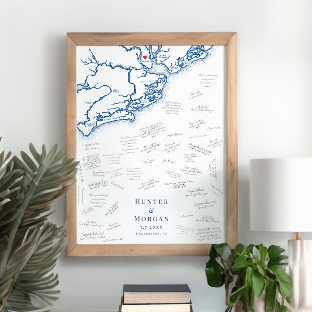 Charleston Wedding Elegante Karte Gästebuchplakat Poster (Charleston SC map alternative wedding guest book poster with elegant navy blue South Carolina map)
