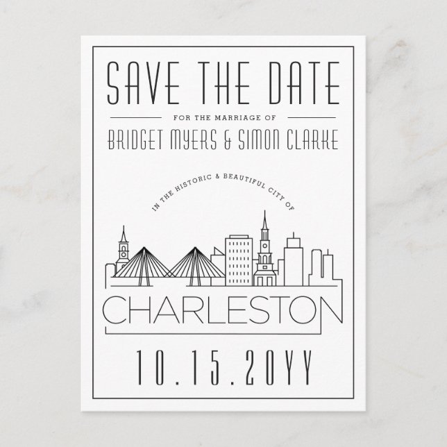 Charleston Wedding Stylized Skyline Save the Date Postkarte (Vorderseite)