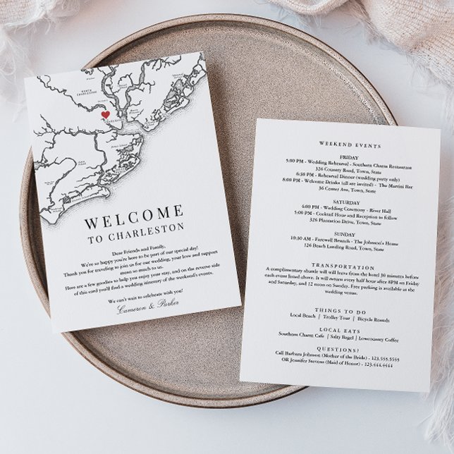 Charleston Wedding Welcome Itinerary Schwarz-weiß Dankeskarte (Charleston SC Wedding Weekend Itinerary Schedule of events in Elegant black and white )