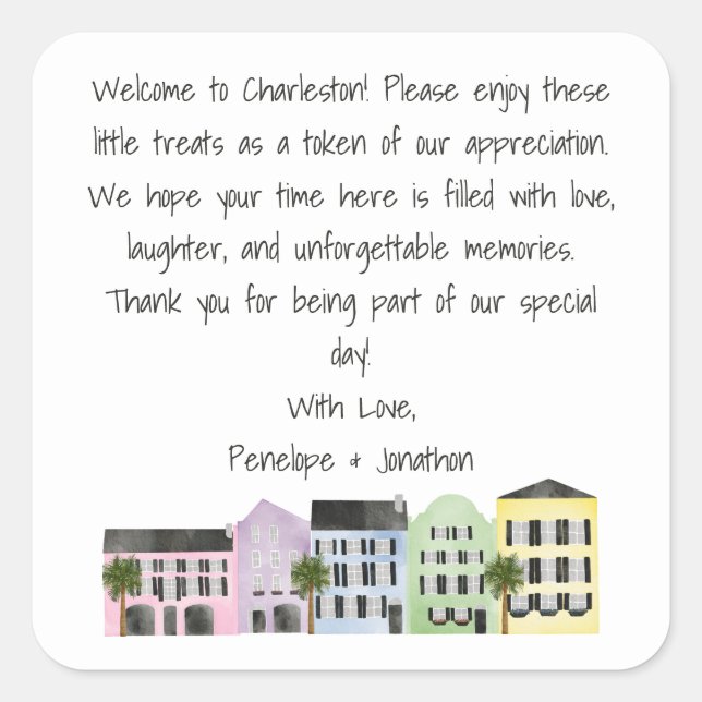 Charleston Wedding Welcome Message Hotel Quadratischer Aufkleber (Vorderseite)
