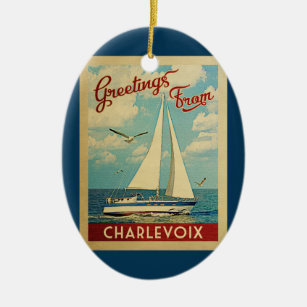 Charlevoix Sailboat Vintage Reise Michigan Keramik Ornament