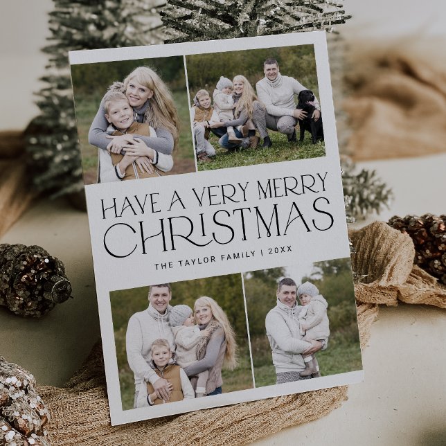 CHARLIE Black Simple Family Multi Foto Weihnachten (CHARLIE Black Simple Family Multi Photo Christmas Holiday Card)
