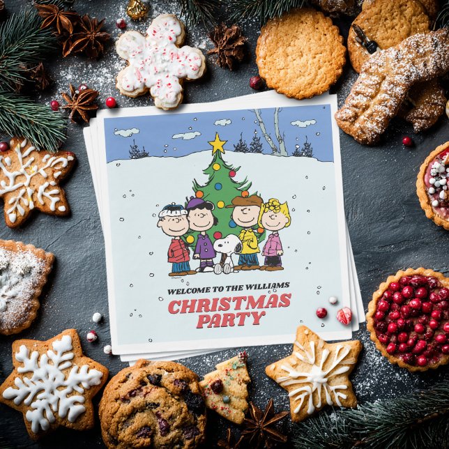 Charlie Brown und Friends Christmas Party Serviette (Napkin on table with cookies)