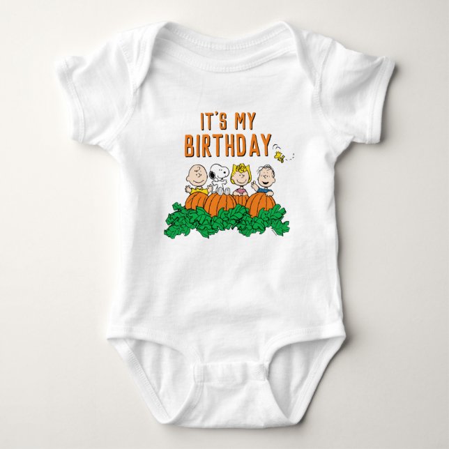 Charlie Brown und Gang Pumpkin Birthday Baby Strampler (Vorderseite)