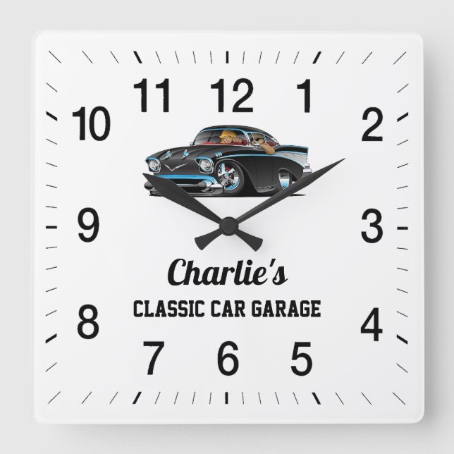 Charlie's Classic Car Garage Quadratische Wanduhr (Vorderseite)