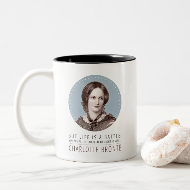 Charlotte Bronte Portrait und Zitat Zweifarbige Tasse (Mit Donut)