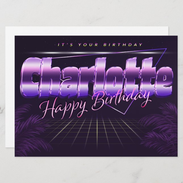 Charlotte Name Vorname lila retro Karte Geburtstag (Vorne/Hinten)