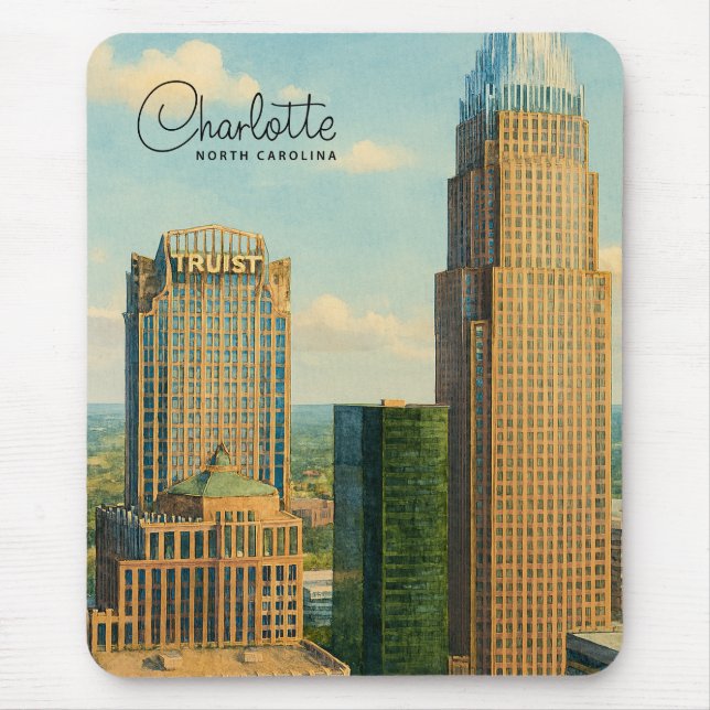 Charlotte NC Aquarell Skyline Reise Mousepad (Vorne)