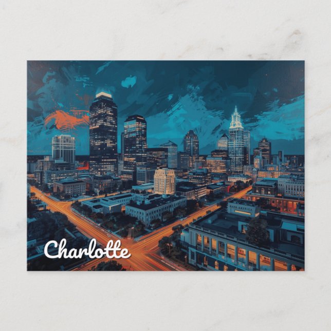 Charlotte NC Uptown Night City Art Postkarte (Vorderseite)