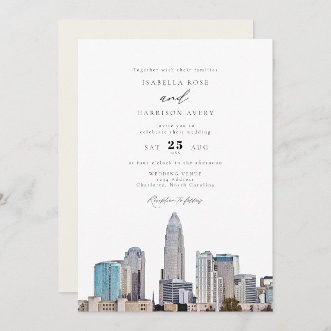 CHARLOTTE NORTH CAROLINA City Skyline Wedding Einladung (Vorne/Hinten)