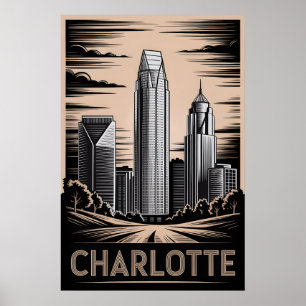 Charlotte North Carolina Schwarz Weiß Holzschnitt Poster