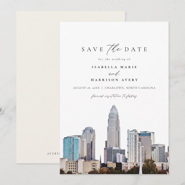 CHARLOTTE NORTH CAROLINA Skyline Save the Date Einladung (Vorne/Hinten)