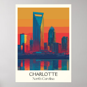 Charlotte North Carolina Vintag Skyline City Art Poster