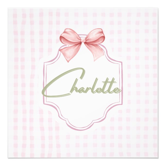 Charlotte Personalisiert Pink Bow & Gingham Print Fotodruck (Vorne)