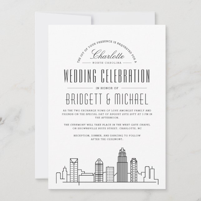 Charlotte Wedding | Moderner Deko City Skyline Einladung (Vorderseite)