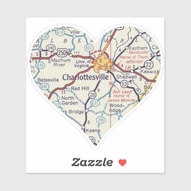 Charlottesville Vintage Karte Aufkleber (Blatt)