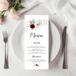Charm Airy Greenery Burgundy Floral Gold Wedding Menükarte<br><div class="desc">Elegantes Design mit Aquarellbordeauxfarben Blume,  luftigen Blätter,  Eukalyptus,  Imitat goldenen Blätter. Verwenden Sie das Tool Personalisieren,  um Ihre Informationen hinzuzufügen. Entsprechende Artikel finden Sie in meiner Burgundy Floral Airy Greenery Collection.</div>