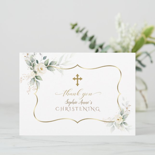 Charm Airy Greenery White Blume Girl Christening Dankeskarte (Stehend Vorderseite)