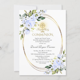Charm Blue Flowers Boy Gold First Heilige Kommune Einladung