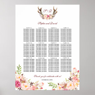 Charm Blush Blume Antlers Wedding Seating Chart Poster