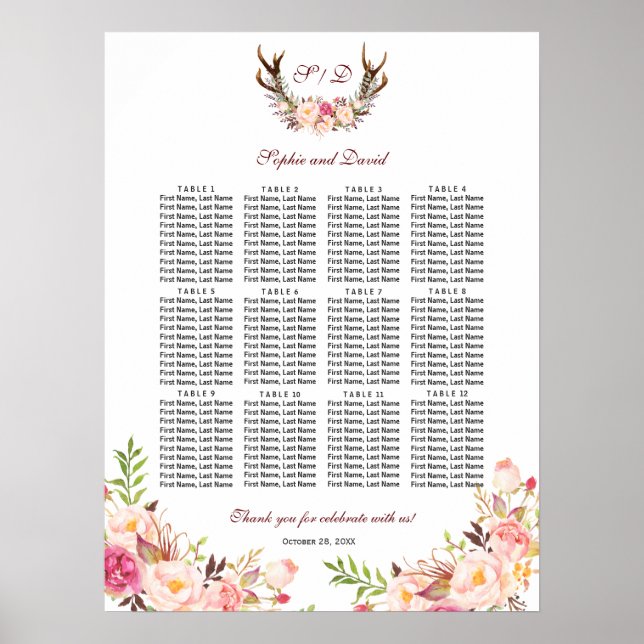 Charm Blush Blume Antlers Wedding Seating Chart Poster (Vorne)