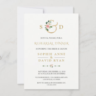 Charm Blush Floral Gold Ampersand Rehearsal Dinner Einladung