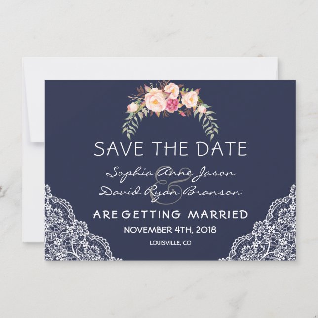 Charm Blush Pink Blume Lace Navy Hochzeit Save The Date (Vorderseite)