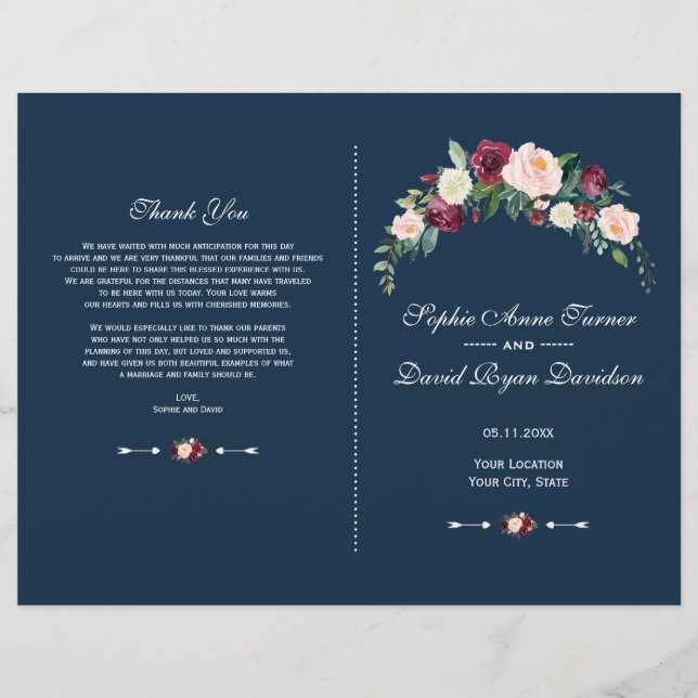 Charm Burgundy Blush Bloral Blue Wedding Programm Flyer (Vorne)