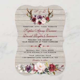 Charm Burgundy Blush Floral Antlers Barn Wedding Einladung