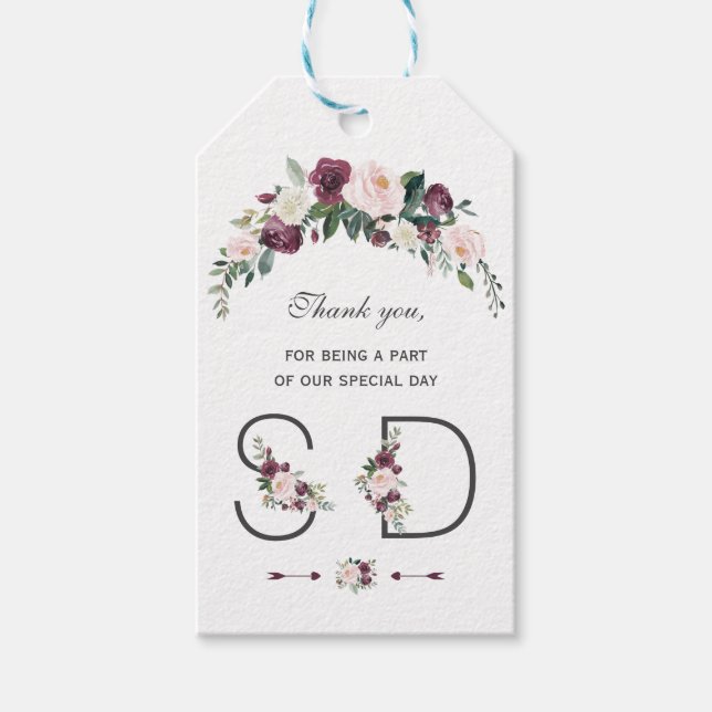 Charm Burgundy Blush Floral Monogram Wedding Geschenkanhänger (Vorderseite)