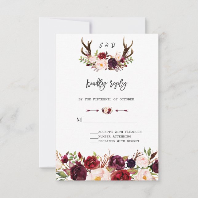 Charm Burgundy Floral Antlers Handwriting UAWG RSVP Karte (Vorderseite)