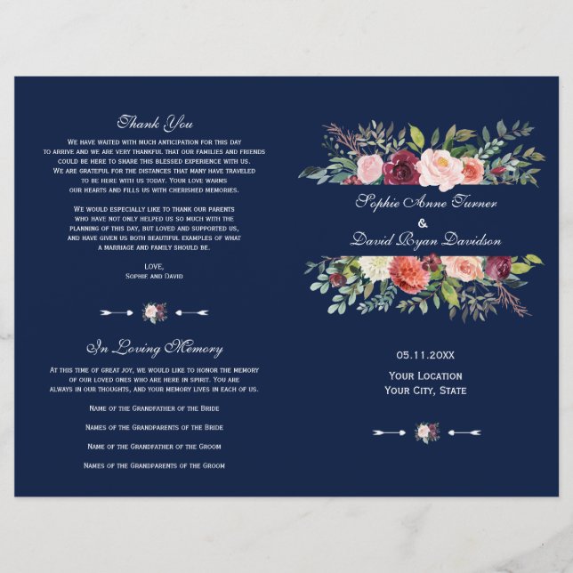 Charm Burgundy Floral Frame Dark Blue Program (Vorderseite)