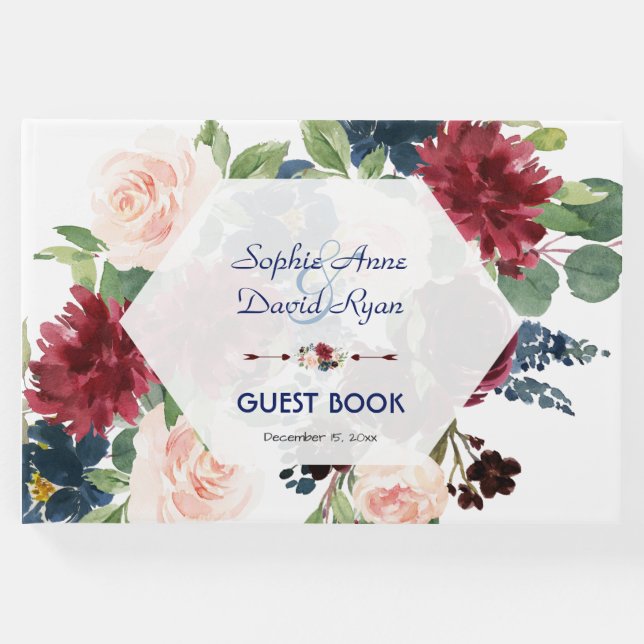 Charm Burgundy Floral Hexagon Rahmen Wedding Gästebuch (Vorderseite)